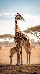 Obraz premium A giraffe and its calf stand together in savannah