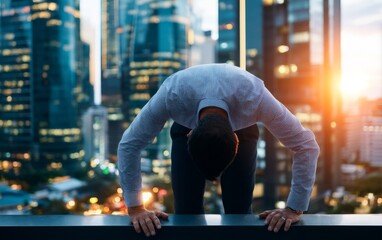 Fototapeta premium Corporate Worker Leaning Over Edge with Cityscape at Sunset Backdrop