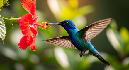 Fototapeta premium Close-up of a stunning vibrant blue hummingbird with iridescent feathers hovering gracefully to feed nectar from a beautiful bright red hibiscus flower in a lush tropical garden