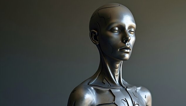 Futuristic Metallic Humanoid Sculpture: A Captivating Portrait of Advanced Technology and Art.