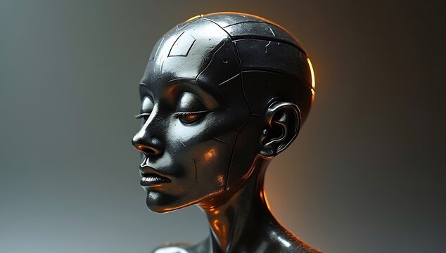 Futuristic Metallic Head Sculpture: A Glimpse into Cybernetic Art and Technological Advancement.