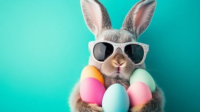 A cool Easter bunny wearing sunglasses and holding colorful eggs on a teal background