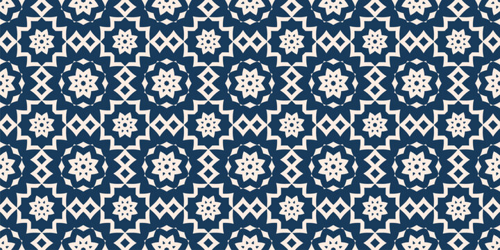 Vector seamless pattern with indian geometric floral motifs. Ethnic arabesque texture with traditional star shapes, oriental tiles ornament. Blue background. Repeated design for textile, print, decor