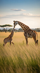 Obraz premium A giraffe and a baby giraffe play in the savannah