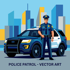 A confident police officer stands beside a patrol car, embodying law enforcement in an urban setting, showcasing authority and commitment to safety in the city. © Yangyang
