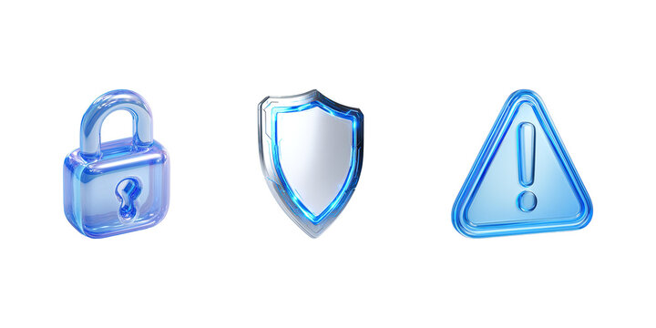 3D Glass Padlock, Shield & Alert Triangle Icons &ndash; Transparent Background Cybersecurity Symbols for Data Privacy, System Protection & Warning Alerts
