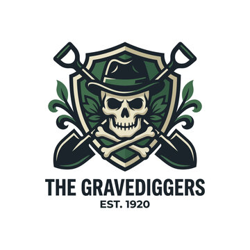 A detailed illustration of a skull with crossed shovels, representing the gravedigging profession, highlighting the themes of mortality, tradition, and respect for the departed.