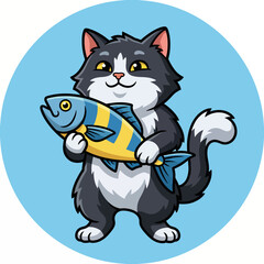Obraz premium A charming cartoon cat holds a colorful fish, showcasing a playful and vibrant design that captures the delightfulness of pets and their curious nature.