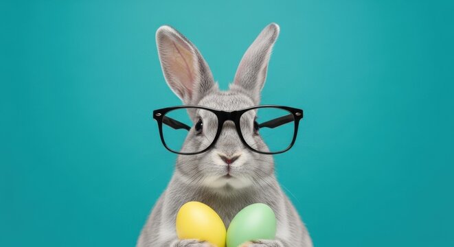 A cute grey easter bunny wearing black glasses and holding two pastel colored eggs on teal background