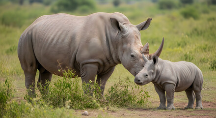 Obraz premium A mother rhinoceros and her calf in a grassy savannah