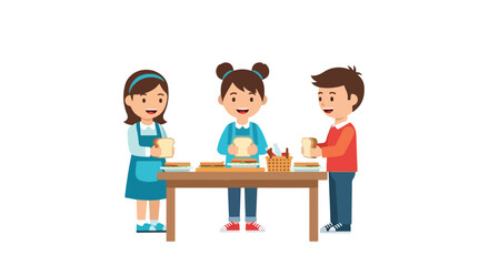 Three happy children in aprons are standing around a table, actively making sandwiches with various fresh ingredients.
