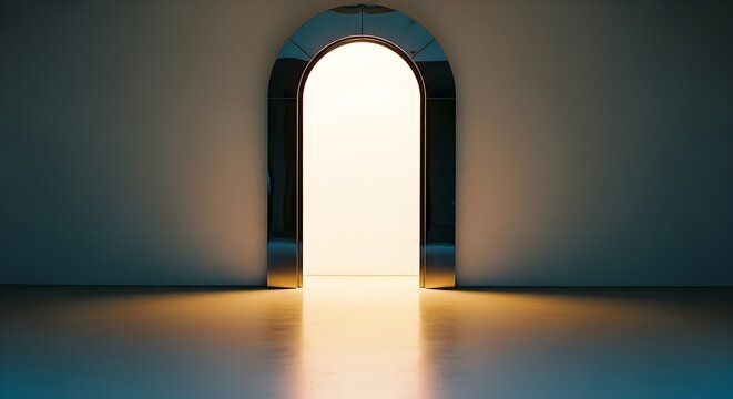 Futuristic Arched Gateway With Bright Light Reflecting On Dark Floor Of Minimalist Room