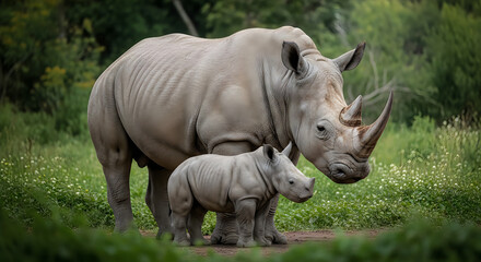 Obraz premium A rhinoceros and a baby rhinoceros standing in a green field