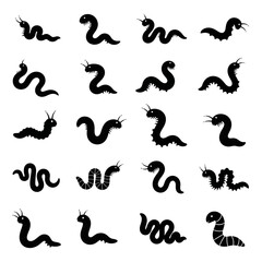 Collection of stylized black silhouettes depicting various snake and worm shapes