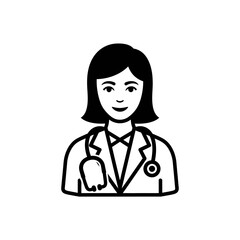 Obraz premium Simple black and white icon of a female doctor with a stethoscope