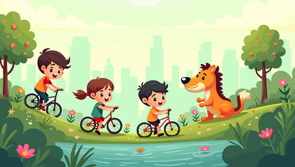 Naklejka premium A cheerful illustration of a boy joyfully riding his bicycle in a vibrant park setting. Ideal for children's content, promoting active lifestyles, or 