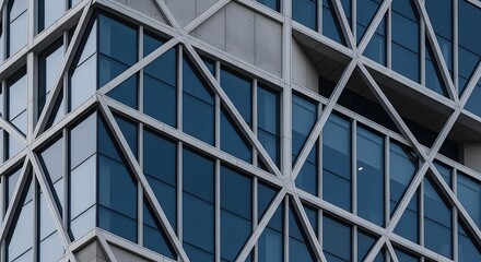 Obraz premium Modern Building Facade With Abstract Geometric Pattern Of Glass Windows And Metal Framework