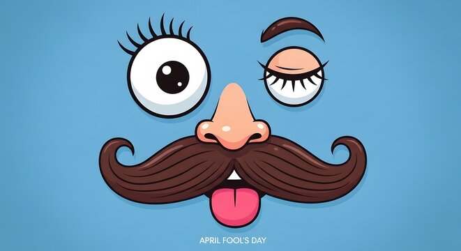 April fools' day cartoon face with mustache and tongue out funny prankster illustration