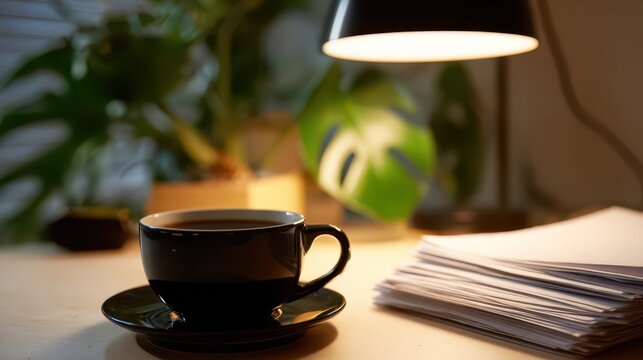 Cup of coffee on desk with stack of papers and desk lamp in cozy home office