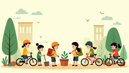 Fototapeta premium A cheerful illustration of a child enjoying a bike ride. Perfect for content related to healthy lifestyles, outdoor activities, or childhood memories.