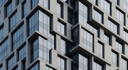 Obraz premium Modern Building Facade Featuring Geometric Glass Windows And Abstract Contemporary Architecture Detail