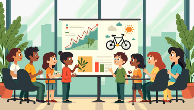 This cheerful illustration depicts a productive team meeting, conveying positivity and teamwork. Ideal for use in business presentations, website grap