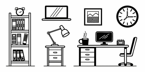 a desk with office supplies and furniture Vector © Aaaa