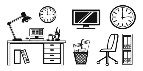 a desk with office supplies and furniture Vector © Aaaa