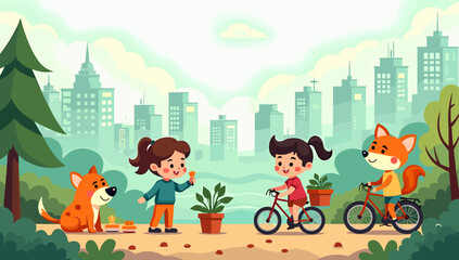 Naklejka premium A charming illustration of a fox in a park setting with a city skyline in the background. Perfect for conveying themes of nature adapting to urban lif