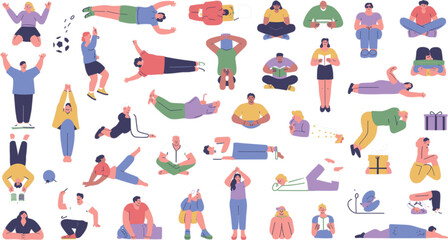 Fototapeta premium Large set of diverse people vector illustrations featuring men and women in various sitting lying and active poses for lifestyle design.