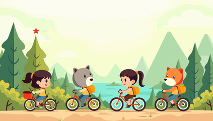 Naklejka premium A cheerful illustration of a young girl enjoying a bike ride through a lush, green park. Perfect for content related to childhood, healthy lifestyles,