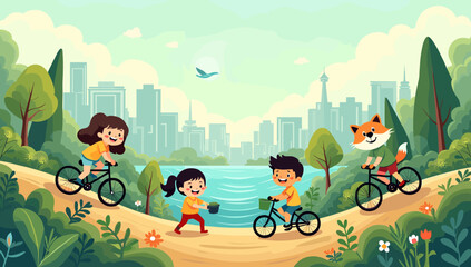 A cheerful illustration of a young girl enjoying a bike ride through a lush green park. Perfect for conveying themes of childhood, outdoor activity, a © Hadijah