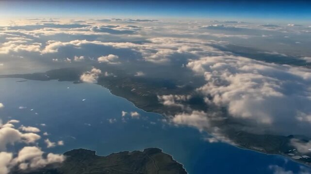 Aerial view of fluffy white clouds floating above a vast body of water on a sunny day