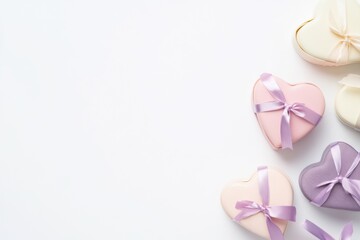 Soft pastel heart gift boxes tied with silk ribbons, perfect for Valentine&rsquo;s Day minimal decor.