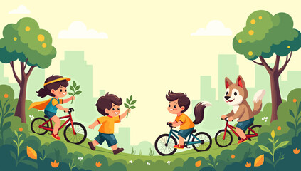 Fototapeta premium A cheerful illustration of a young girl cycling through a park, evoking feelings of freedom and joy. Ideal for illustrating children's activities, hea