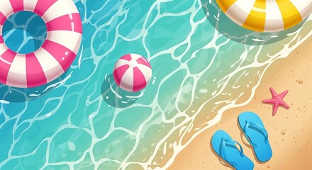 Obraz premium Summer vacation pool scene with beach toys and accessories