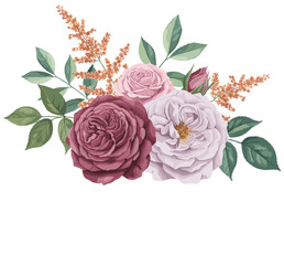 Fototapeta premium Dusty rose and lavender roses with green leaves and astilbe