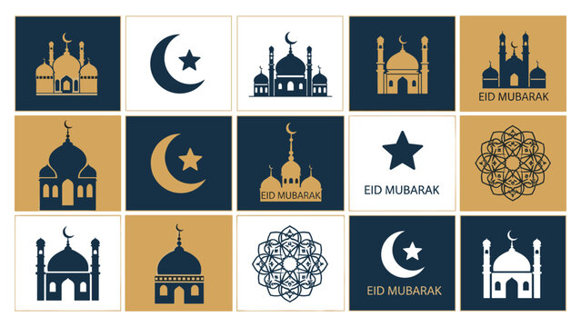 Islamic greeting cards set with mosque moon and mandala in grid layoutIslamic greeting cards set with mosque moon and mandala in grid layout