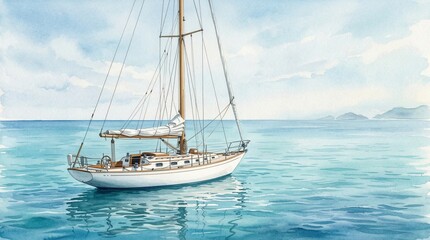 Fototapeta premium Watercolor painting of a classic white sailboat with a tall mast and rigging, anchored in calm turquoise blue ocean water under a clear sky, with distant mountains on the horizon