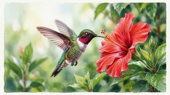 Vibrant Ruby-throated Hummingbird Nectaring from a Bright Red Hibiscus Flower in a Lush Green Garden Illustration