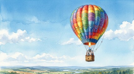 Fototapeta premium Vibrant watercolor illustration of a colorful hot air balloon soaring high in a bright blue sky with fluffy white clouds over a scenic green landscape, perfect for travel and adventure themes.
