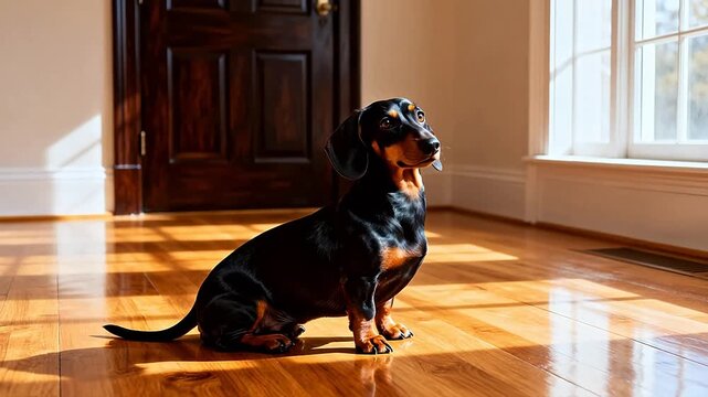 Dachshund dog sitting on wooden floor