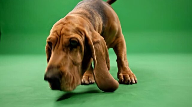 A brown and black Basset Hound dog sniffing the ground intently against a bright green screen background for easy isolation and production.