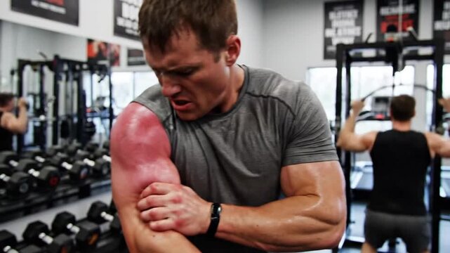 Man grimacing in pain while exercising in gym, others working out in background, weights and equipment around