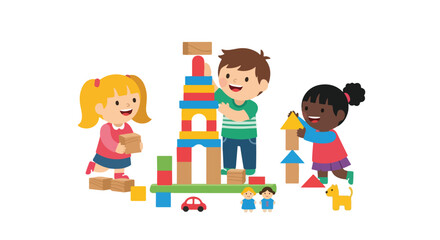 Fototapeta premium Three happy children of diverse backgrounds are engaged in creative play, building colorful towers and structures with wooden blocks and toys.