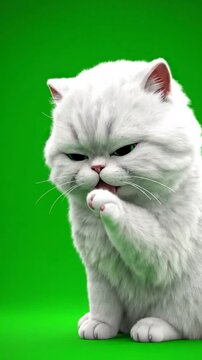 Adorable fluffy white kitten grooming and licking its paw against a professional green screen background for easy chroma keying.