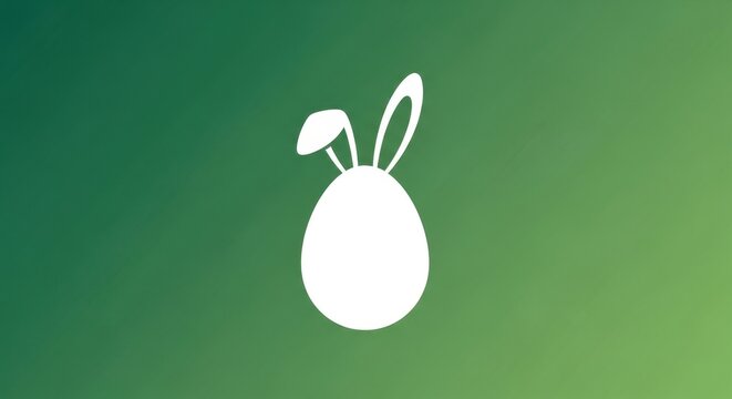 A minimalist white easter egg icon with bunny ears centered on a soft gradient green background