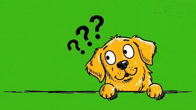 Cute hand-drawn illustration of a golden retriever puppy peeking over a black line on a solid green background for copy space and creative projects.