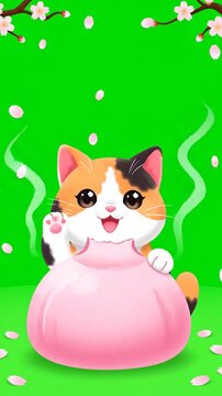 Cute calico cat cartoon character sitting on a pink steaming dumpling with cherry blossom flowers on a green background in a vertical format.
