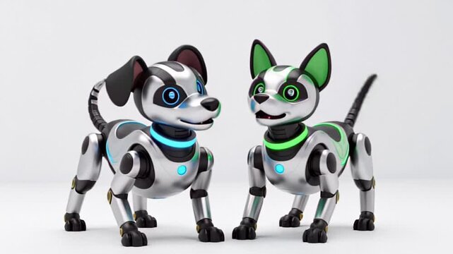 Two distinct robot pets, one dog-like and one cat-like, playfully chasing and pouncing with synchronized movements in a bright, minimalist play area,